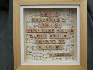 Scrabble tile art in wooden box frame - Confucius music quote 14 x 14