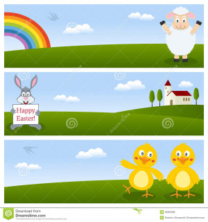 of three Easter or spring horizontal banners with a cute lamb ...