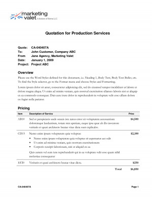 Quotation for Production Services Quote To From Date Project CA ...