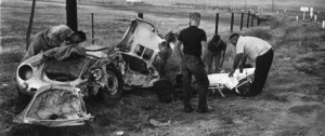 James Dean's crashed Porsche Spyder on scene