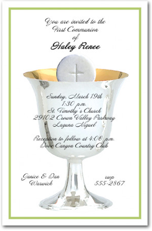 Green Border Silver Chalice and Host First Communion Invitations