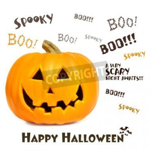Stock photo of Pumpkin with halloween phrases on white