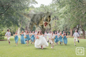 Wedding photographer shoots a wedding party running away from a T-Rex