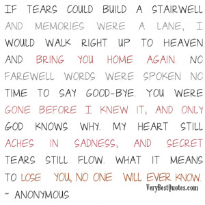Tears If tears could build a stairwell and memories were a lane, I ...