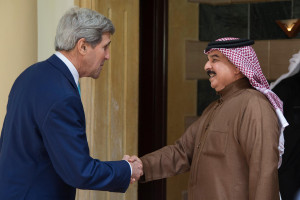 State John Kerry, left, greets Bahrain's King Hamad bin Isa Al Khalifa ...