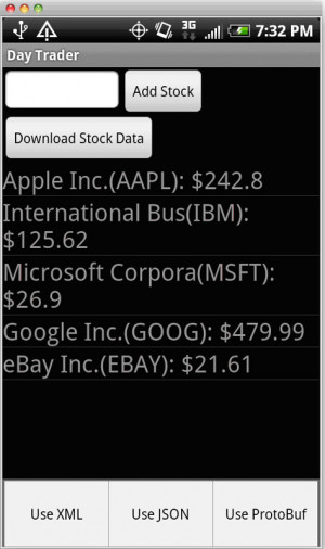 ... application in action with stock quotes for AAPL, IBM, MSFT, and GOOG