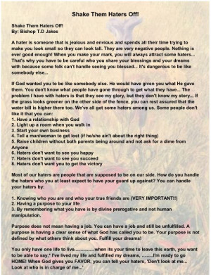 Shake Them Haters Off by TD Jakes this is awesome you gotta read it ...