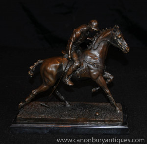 Photo of Bronze Polo Player Statue Horse Jockey Figurine Casting