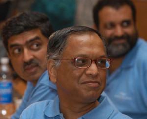 Nandan Nilekani, N.R. Narayana Murthy and T.V. Mohandas Pai at a press ...