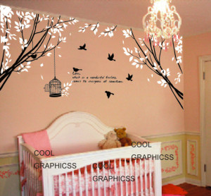 ... children wall decal - Two Branch Corner with Flying Birds and Quote