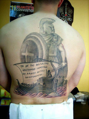 Grey Ink Ancient Greek Back Body Tattoo For Men