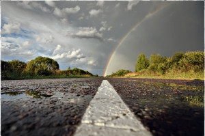 beautiful, clouds, photography, rain, rainbow, road, storm, trees