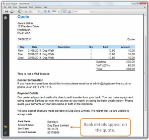 screen shot bank details appearing on a quote