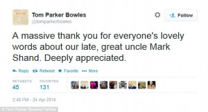 Mr Parker Bowles tweeted his family's thanks for the support they have ...