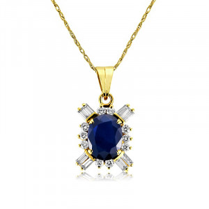 Blue sapphire with baguette diamond in 14k yellow gold