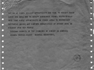 Telegram from Samuel Cavert to Harry Truman regarding the use of ...