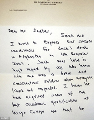 Handwritten: Gordon Brown's letter expresses remorse for Mr Sadler's ...