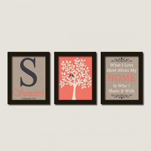 Custom Family Monogram Initial Love Bird Tree Quote Coral Grey Set of ...