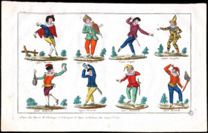 Italian comedy costumes, France 18th Century, color engraving. Scan of ...