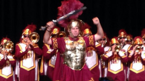 is seen leading the University of South California in full Trojan ...