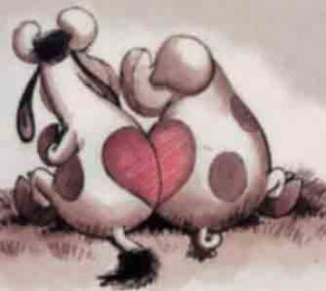 Funny cartoon of a cow and a pig in love