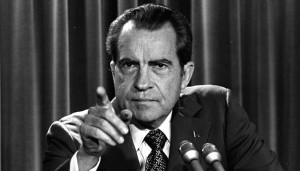 President Richard M. Nixon in 1973 at a news conference, talking about ...