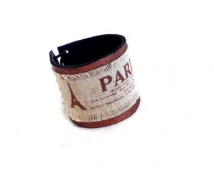 Leather quote bracelet Burlap bracelet cuff Paris print SALE