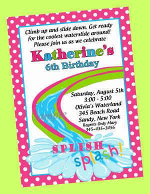 Girls Waterslide Pool Party Twins Birthday Invitations