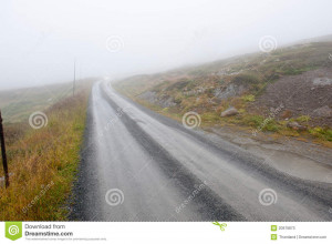 country road through rural nature in foggy weather.