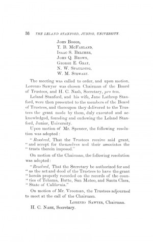 Minutes of the First Meeting of the Trustees of the Leland Stanford