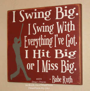 ... Wooden Baseball Sign, Babe Ruth Quote, Baseball Wall Decor - Swing Big