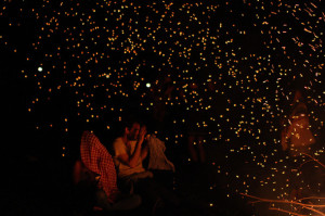 bonfire, campfire, fire, fireflies, lights, night, photograph, sparks ...
