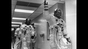 Armstrong leads crew mates Edwin 'Buzz' Aldrin and Michael Collins out ...