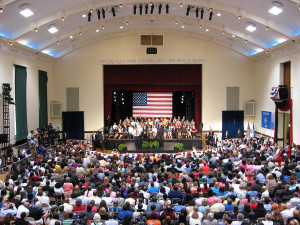 ... Obama holds a town hall meeting at Memorial Hall , Racine, Wisconsin