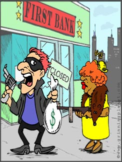 funny cartoon of robber who has just held up a bank who is now getting ...