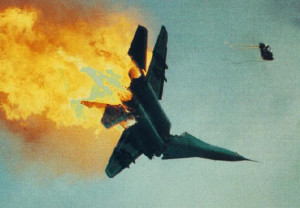 MIG 29 burning, seconds after collision