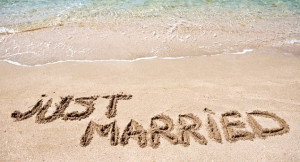 Just Married sign in sand
