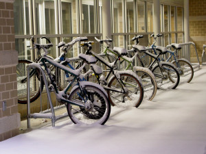 Bicycles covered in snow during a snowstorm, February 6, 2003