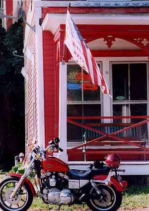 red Harley, Budweiser, and the flag.... what more can you say ?