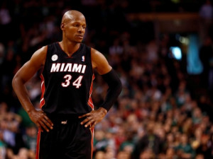 Former Miami Heat guard Ray Allen prepares for an NBA game during the ...