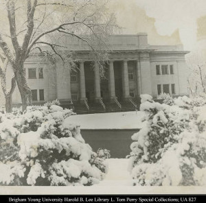 The Karl G. Maeser Building looks out over a snow covered Brigham ...