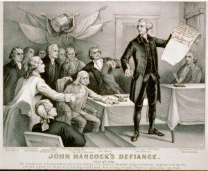 John Hancock signed first , with a large hand right in the middle ...