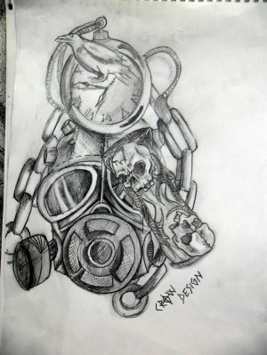 Time Tattoos Designs Gas mask and time tattoo