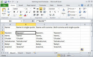 Adding comma or single quotes for all the rows in the column excel