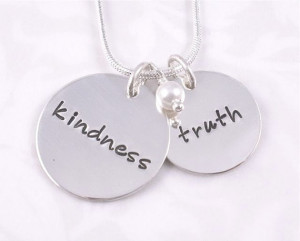 Kindness and Truth Hand Stamped Metal Necklace with White Pearl
