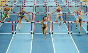 Jessica Ennis leads the women's pentathlon 60m hurdles at the 2012 ...