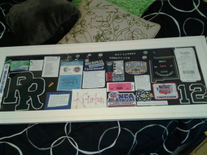 Collage of many cheerleading memories. Varsity letter, quotes, patches ...