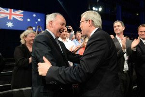 Prime Minister Kevin Rudd is welcomed by former prime minister Paul ...