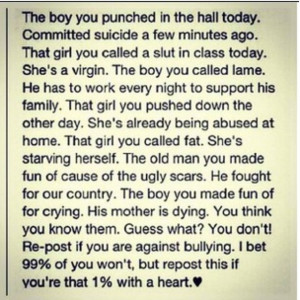 Bullying should never be overlooked. It needs to stop.... Help it stop ...