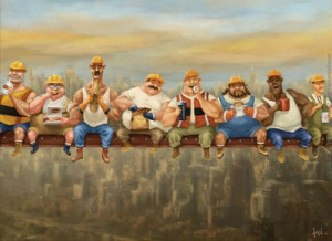 construction workers lunch atop a skyscraper